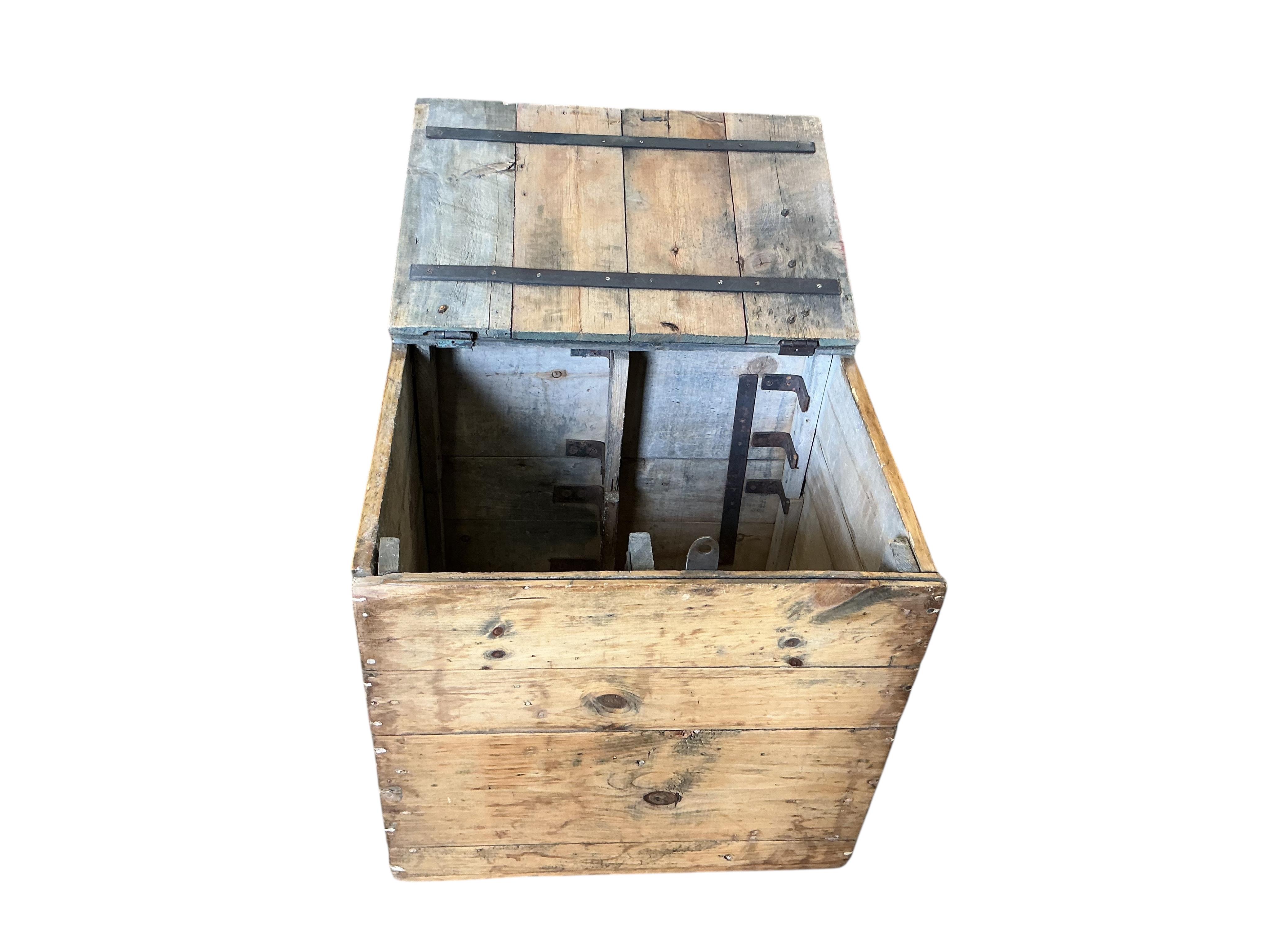 A 19th century brass and iron mounted pine trunk, width 57cm, depth 49cm, height 56cm
